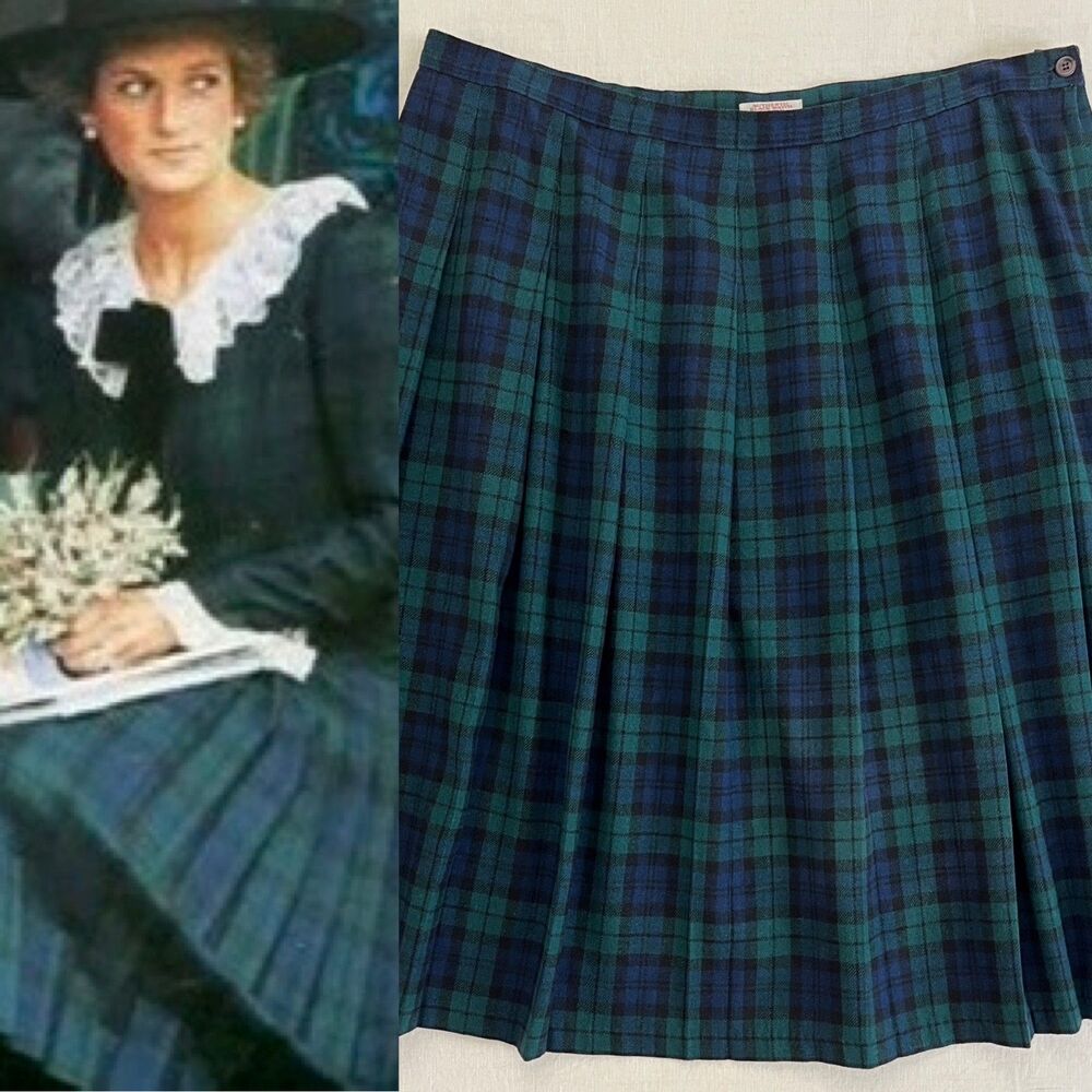 VTG Pendleton 100% Virgin Wool Black Watch Tartan Plaid Pleated Midi Skirt 22W